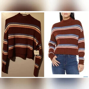 Arizona Sweater Juniors L Rust Brown Multi Striped Turtleneck Long Sleeve NEW